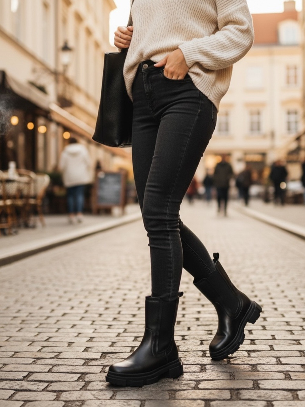 Yetier Women’s Black Lug-Sole Chelsea Ankle Boots
